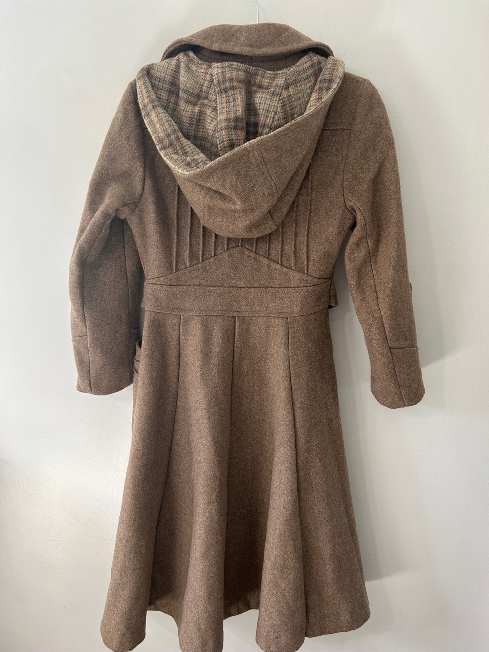 Vintage Wool Trench Coat Long Fit & Flare Belted Button Detail & Detachable Hood - Picture 5 of 16